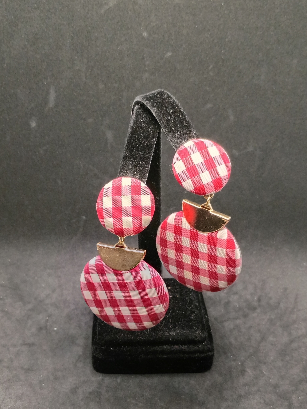 Red Gingham Drop Earrings with Gold Accent